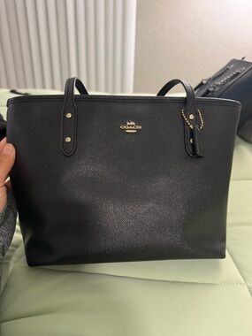Coach Black Leather Saffiano Tote with Gold Logo